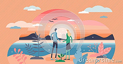 Romance sunset scene with a couple holding hands, flat tiny person vector illustration Vector Illustration