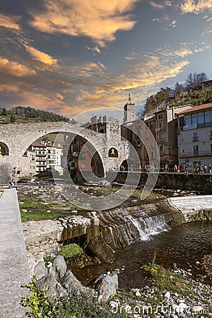 Romanesque stone bridge over the Ter river in Camprodon, Catalonia. Empty copy space Editorial Stock Photo