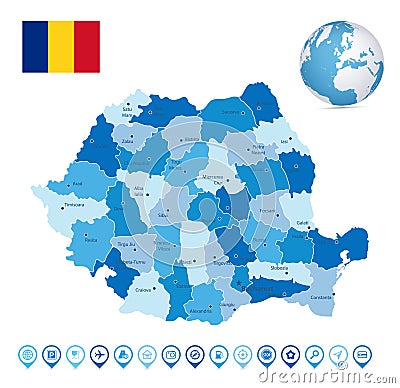 Romania Blue color map and map icons Vector Illustration