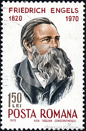 Postage stamp printed in the Romania shows portrait Friedrich Engels 1820-1895, released for the 150th anniversary. Philately. Editorial Stock Photo