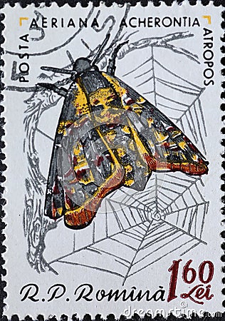 Romania - Circa 1960: a postage stamp printed in the Romania showing a Death`s-head Hawk Moth Acherontia atropos Editorial Stock Photo