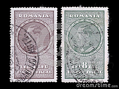 Postage stamps. Romania. 1930 King Carol II Editorial Stock Photo