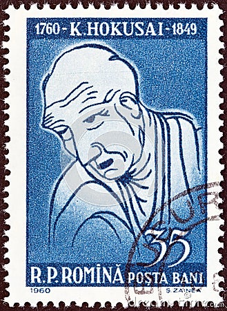 ROMANIA - CIRCA 1960: A stamp printed in Romania shows Katsushika Hokusai painter, birth bicentenary, circa 1960. Editorial Stock Photo