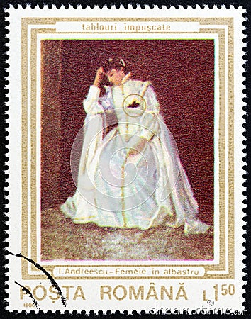 ROMANIA - CIRCA 1990: A stamp printed in Romania shows Woman in White Ion Andreescu, circa 1990. Editorial Stock Photo