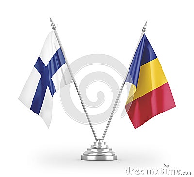 Romania and Finland table flags isolated on white 3D rendering Stock Photo