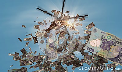 Romania Lei RON 100 banknotes helicopter money dropping 3d illustration Cartoon Illustration