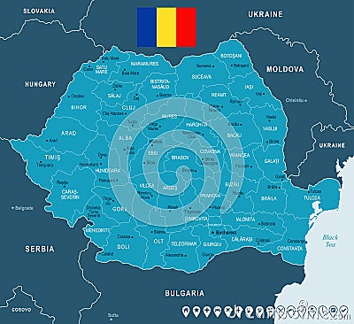Romania - map and flag - Detailed Vector Illustration Stock Photo