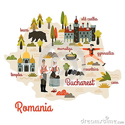 Romania map hand drawn in cartoon style. People in national dress, animal, tourist attractions, cultural landmarks, architecture, Vector Illustration