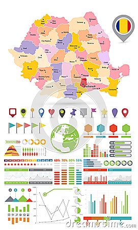 Romania Map Infographic Template design. Colorful set Vector Illustration