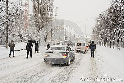 Romania's capital, Bucharest under heavy snow. Stock Photo