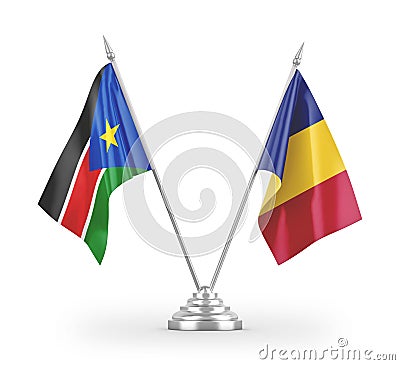 Romania and South Sudan table flags isolated on white 3D rendering Stock Photo