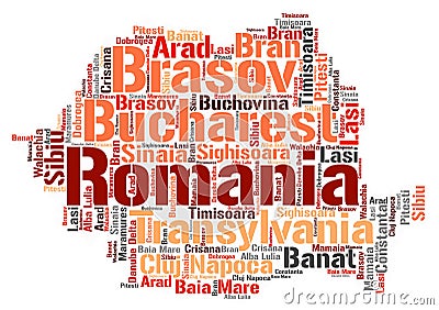 Romania top travel destinations word cloud Stock Photo