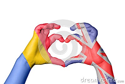 Romania United Kingdom Heart, Hand gesture making heart Stock Photo