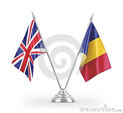Romania and United Kingdom table flags isolated on white 3D rendering Stock Photo