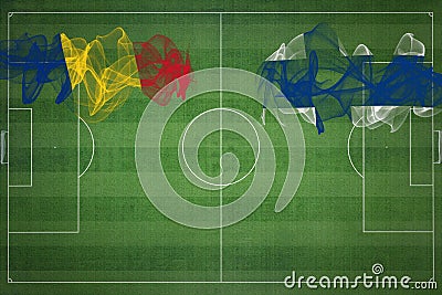 Romania vs Finland Soccer Match, national colors, national flags, soccer field, football game, Copy space Stock Photo