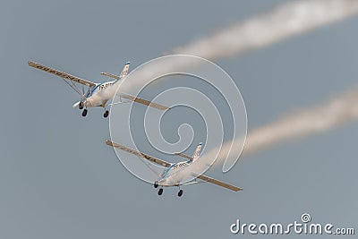 Aeroclub of Romania performing aerial acrobatics at BIAS 2023, Cessna 172S plane. Editorial Stock Photo