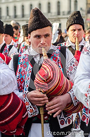 Romanian bag pipes player at Saint Patrick Parade Editorial Stock Photo