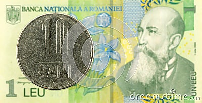 10 romanian bani coin against 1 romanian leu bank note Stock Photo
