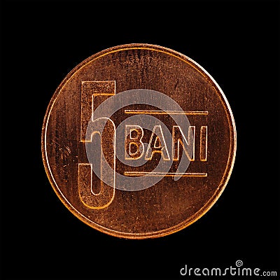 Romanian 5 Bani coin isolated on a black background Stock Photo
