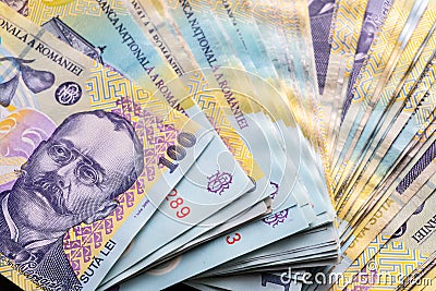 Romanian banknotes, close-up. RON Leu Money European Currency. Romania Value. Romanian banknotes as background. Lei is the nationa Stock Photo