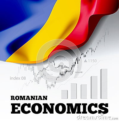Romanian economics vector illustration with romania flag and business chart, bar chart stock numbers bull market Vector Illustration