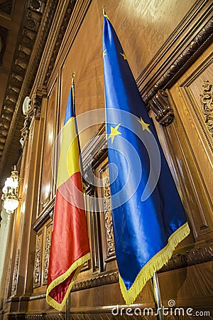 Romanian and European Union flags Stock Photo