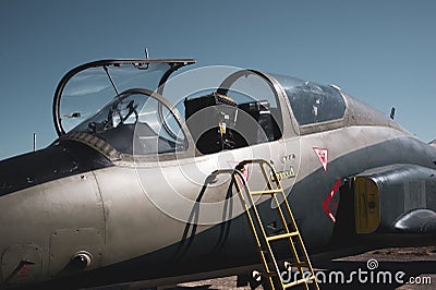 Romanian fighter jet with open cockpit and boarding ladder Stock Photo