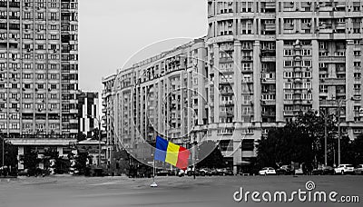 Romanian flag standing out in a black and white photography Editorial Stock Photo