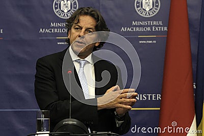 Romanian Foreign Affairs Minister Bogdan Aurescu consultations with visiting Dutch counterpart Bert Koenders Editorial Stock Photo