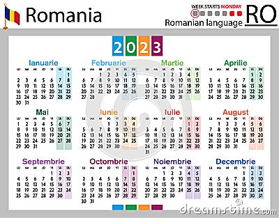 Romanian horizontal pocket calendar for 2023. Week starts Monday Vector Illustration