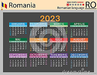 Romanian horizontal pocket calendar for 2023. Week starts Sunday Vector Illustration
