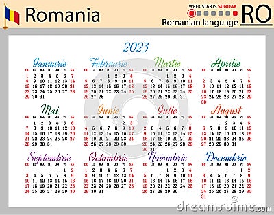 Romanian horizontal pocket calendar for 2023. Week starts Sunday Vector Illustration