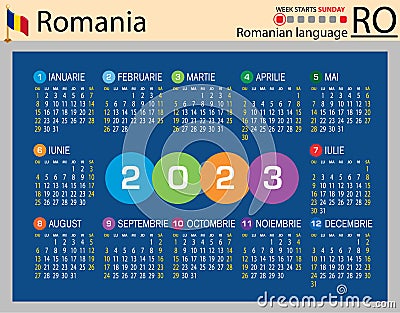 Romanian horizontal pocket calendar for 2023. Week starts Sunday Vector Illustration