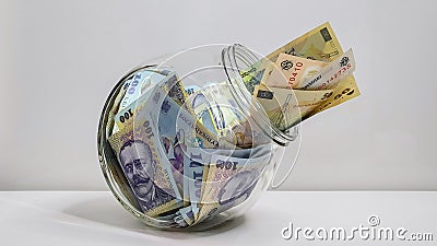 Romanian Lei Bank Note Glass Jar Stock Photo