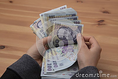 Romanian LEI currency, close up Stock Photo