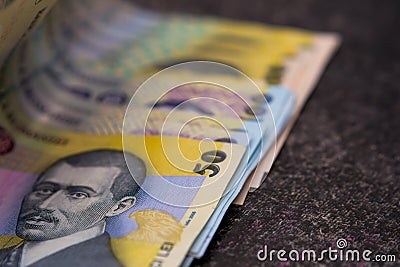 Romanian money ron and blurred background Stock Photo