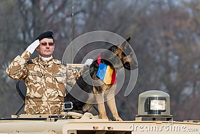 Romanian national day parade with canine unit and military salute Editorial Stock Photo