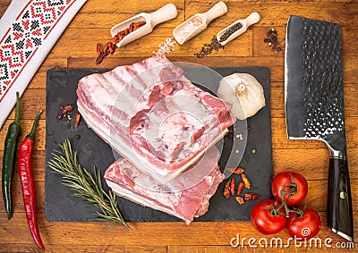 Cold platter of fresh meat on wooden table Stock Photo