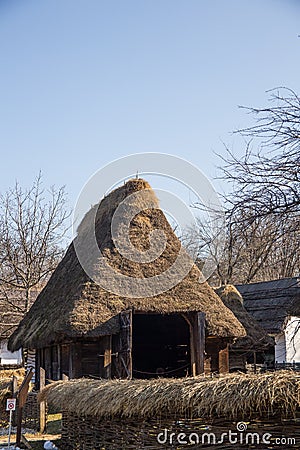 Romanian peasant house in Village Museum, Bucharest Editorial Stock Photo