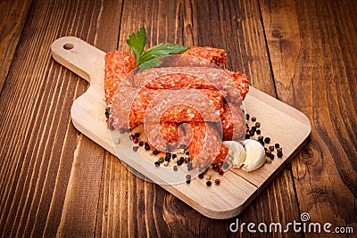 Romanian pork and lamb sausages, mititei with pepper and garlic Stock Photo