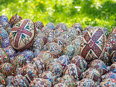 Romanian tradition, handcraft of decorated easter eggs Stock Photo