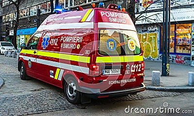 Romanian SMURD ambulance car, 911 or 112 emergency medical service in mission in downtown Bucharest, Romania, 2020. Coronavirus Editorial Stock Photo