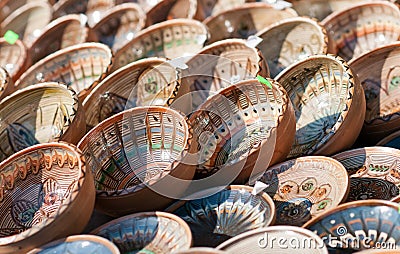 Romanian traditional ceramic plates, Romania. Romanian traditional ceramic in the plates form, painted with specific reasons Stock Photo