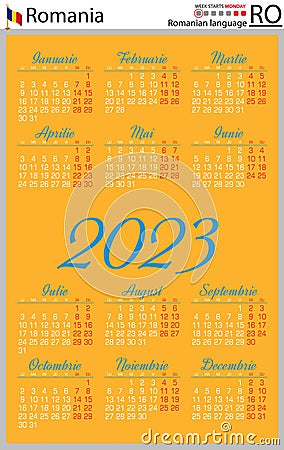 Romanian vertical pocket calendar for 2023. Week starts Monday Vector Illustration