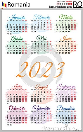 Romanian vertical pocket calendar for 2023. Week starts Monday Vector Illustration