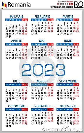 Romanian vertical pocket calendar for 2023. Week starts Monday Vector Illustration