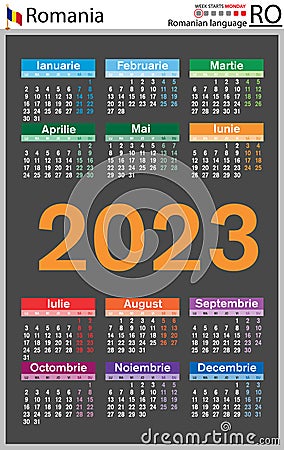 Romanian vertical pocket calendar for 2023. Week starts Monday Vector Illustration