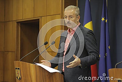 Romanian Vice Prime Minister Vasile Dincu press conference Editorial Stock Photo