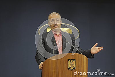 Romanian Vice Prime Minister Vasile Dincu press conference Editorial Stock Photo