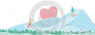 Romantic adults couple play ski on the big mountain. Character design of lover. Vector illustration in flat style Vector Illustration